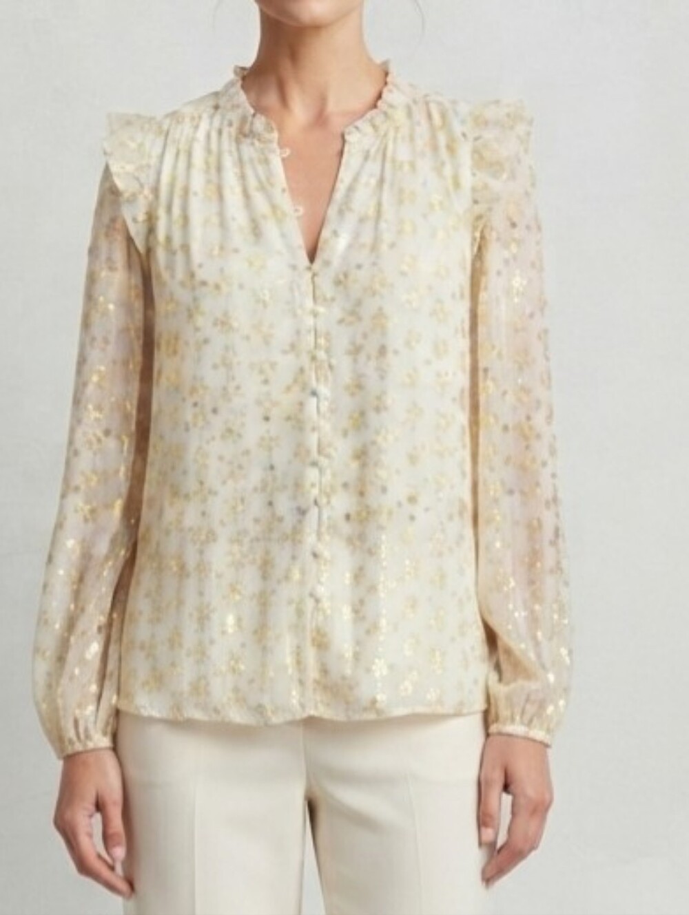LC Lauren Conrad Cream Blouse with Gold Floral Metallic Print XXL NWOT.